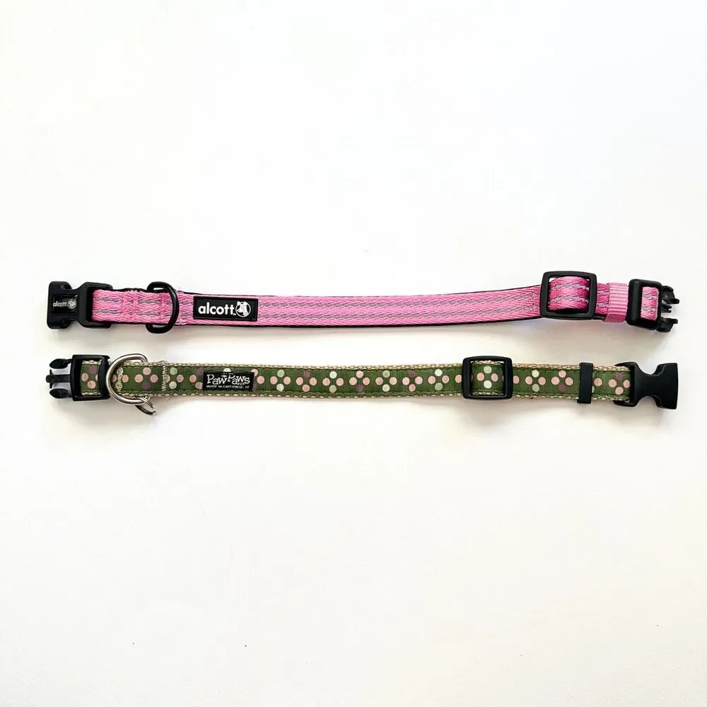 Dog Collars Lot of 2 Girl Adjustable Small Medium Reflective Stripes Polka Dots